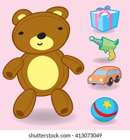 Toys flat icons set bear, gun, car, ball and gift box Vector