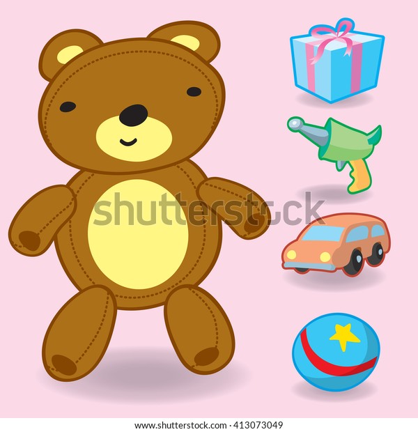 Toys flat icons set bear, gun, car, ball and gift\
box Vector