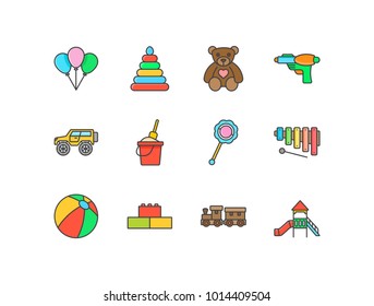 Children’s toys flat line colored icons set with balloons, pyramid, teddy bear, water gun, car, sand bucket, rattle, marimba, ball, train, playground.