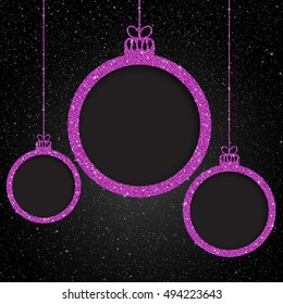 Сhristmas toys frames pink sequins, glitters, sparkles, paillettes. Holiday, party banner or background with shiny sequins. Dark starry night with tree toy. Christmas and New Year bright frame.