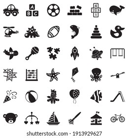 Toys And Fun Icons. Black Flat Design. Vector Illustration.