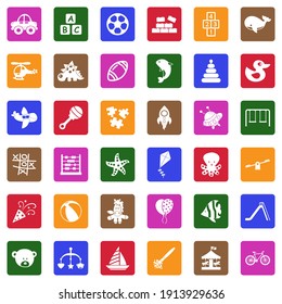 Toys And Fun Icons. White Flat Collection In Square. Vector Illustration.