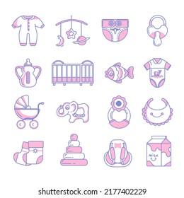 Toys and furniture, clothes and plaything for newborn babies, infants and toddlers. isolated diaper and bodysuit, pyramids and package of milk. Crib and perambulator, pair of socks. Vector in flat 