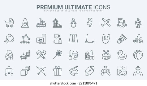 Toys For Games Of Boys And Girls Thin Line Icons Set Vector Illustration. Outline Childhood Pictogram Collection With Baby Stroller, Rubber Duck And Car, Entertainment For Leisure Of Children