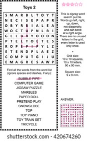 Toys and games themed zigzag word search puzzle 2 (suitable both for kids and adults). Answer included.
