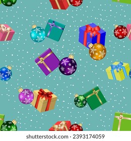 Toys and gifts in a pattern.Vector pattern with New Year's gifts and Christmas tree toys on a colored background with snow.