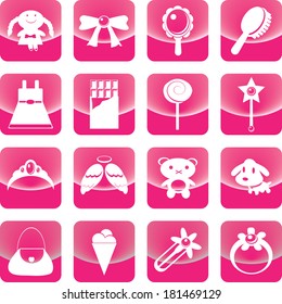 Toys for girl icon on pink button include wand, bear, doll, ring, candy