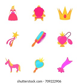 Toys for girl icons set. Cartoon set of 9 toys for girl vector icons for web isolated on white background