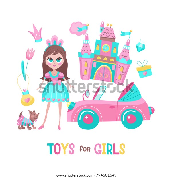 Toys for girls.\
Vector clipart. Pink toy convertible. Cute little dog in costume.\
Beautiful girl doll. Fabulous pink castle. Crown for the Princess.\
Isolated on a white\
background.