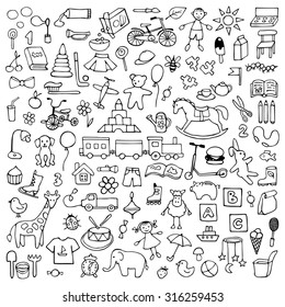 Toys hand drawn doodle set. Vector  illustration for backgrounds, web design, design elements, textile prints, covers, greeting cards