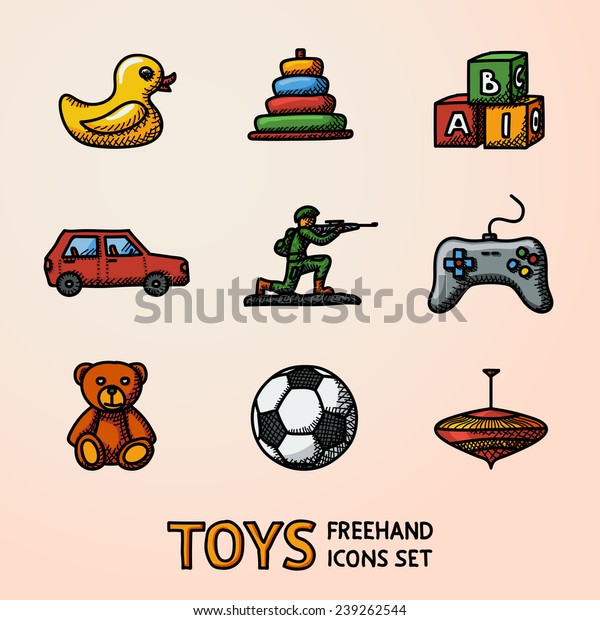 Toys hand\
drawn icons set with - car, duck, bear, pyramid, ball, game\
controller, blocks, whirligig, soldier.\
Vector