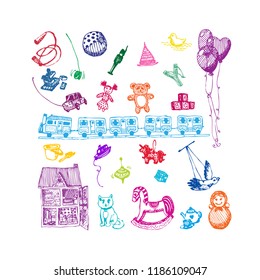 Toys. Hand drawn sketch doodle vector illustration.