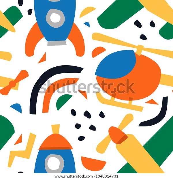 toys helicopter rocket abstract\
shape seamless pattern background logo vector icon\
illustration