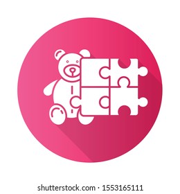 Toys and hobbies pink flat design long shadow glyph icon. Products for babies, children. Kids game. Teddy bear and puzzle. E commerce department, shopping categories. Vector silhouette illustration