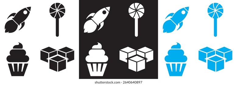 Toys Icon . Airplane, blocks, rocket, cupcake, lollipop,  icons. Vector for websites, mobile interfaces, presentations, banner, visual branding etc. Vector illustration. EPS 10