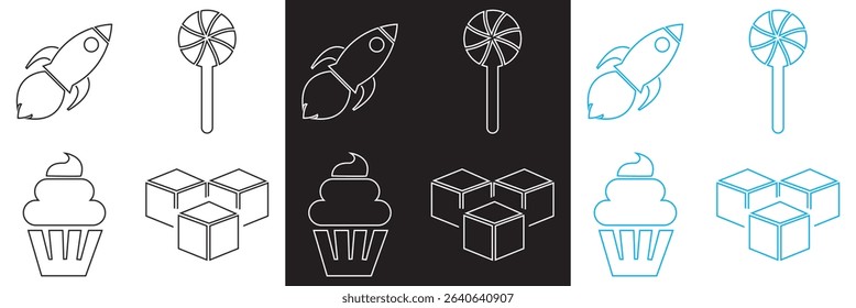 Toys Icon . Airplane, blocks, rocket, cupcake, lollipop,  icons. Vector for websites, mobile interfaces, presentations, banner, visual branding etc. Vector illustration. EPS 10