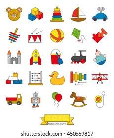 Toys icon collection. Set of 25 children's toys symbols, thin line with color fill design.