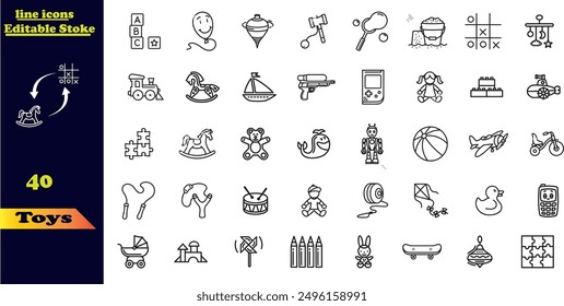 Toys icon set. Containing robot, bike, game controller, ball, puzzle, spinning drum et teddy bear rattle castle spinner icon.