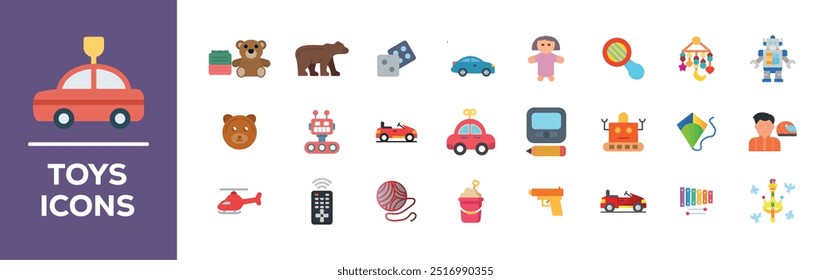 Toys icon set. Containing robot, bike, game controller, ball, puzzle, teddy bear, doll, toy train and scooter icons. Solid icon collection. Vector illustration.