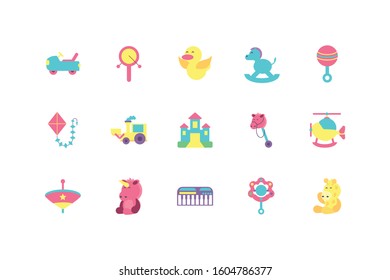 toys icon set design of Childhood play fun kid game gift object little and present theme Vector illustration