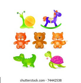 toys icon set  isolated on white background. animals fox bear horse turtle crocodile snail cat