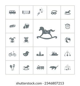 Toys icon set with teddy bear, toy train