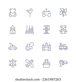 Juego de iconos Juguetes. Icono de línea delgada. Trazo editable. Contiene oso, bloques, auto, juguete de criba, figurilla, niño, pacificador, avión, control remoto, rayador, oso de peluche, bloques de juguete, camión de juguetes, juguete, pistola de agua.