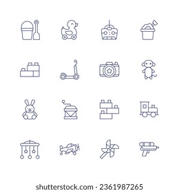Toys icon set. Thin line icon. Editable stroke. Containing beach, blocks, bunny, crib toy, duck, kick scooter, music box, plane, remote control, sand bucket, sand castle, teddy bear, toy blocks.