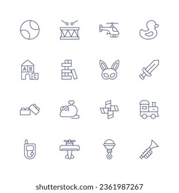 Toys icon set. Thin line icon. Editable stroke. Containing ball, blocks, bricks, cell phone, drum, helicopter, jenga, mask, mouse toy, pinwheel, plane, rattle, rubber duck, sword, toy train, trumpet.