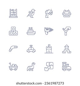 Toys icon set. Thin line icon. Editable stroke. Containing abacus, bird, blocks, boat, boomerang, car, cart, dinosaur, game controller, laser gun, photo camera, puzzle, robot mask, slingshot.
