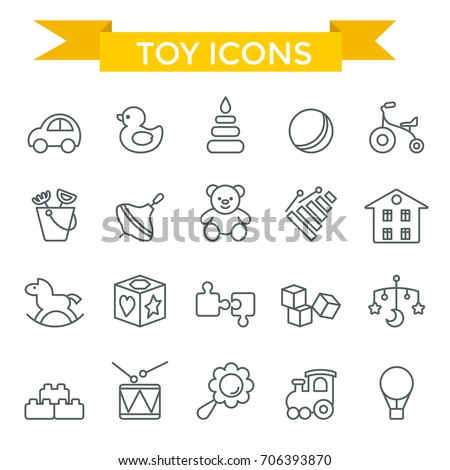 Toys icon set, thin line, flat design