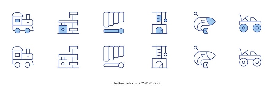 Toys icon set in two styles, Duotone and Thin Line style. Editable stroke. toy train, scratcher, fish, scratching post, xylophone, car toy.