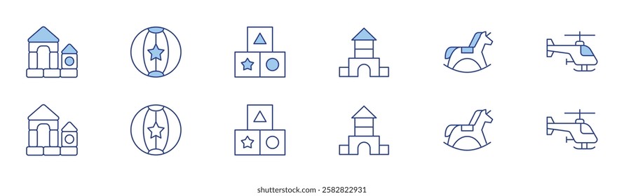 Toys icon set in two styles, Duotone and Thin Line style. Editable stroke. toy castle, rocking horse, blocks, ball, helicopter.