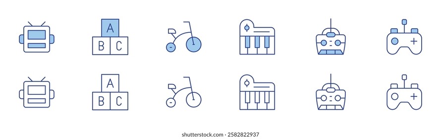 Toys icon set in two styles, Duotone and Thin Line style. Editable stroke. robot mask, piano, bricks, remote control, bicycle.