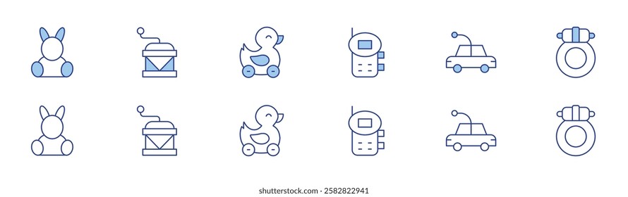 Toys icon set in two styles, Duotone and Thin Line style. Editable stroke. rabbit, walkie talkie, music box, duck, car, ring.