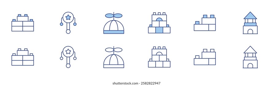 Toys icon set in two styles, Duotone and Thin Line style. Editable stroke. lego, rattle drum, construction, blocks, propeller.