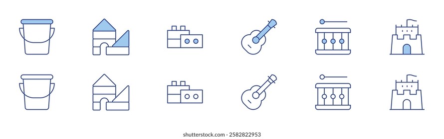 Toys icon set in two styles, Duotone and Thin Line style. Editable stroke. guitar, drum, sand castle, bucket, blocks.