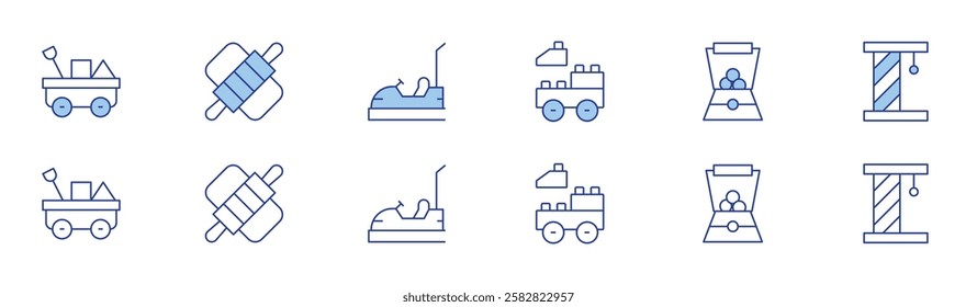 Toys icon set in two styles, Duotone and Thin Line style. Editable stroke. cart, blocks, toy machine, dough, cat toy, car.