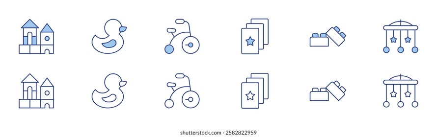 Toys icon set in two styles, Duotone and Thin Line style. Editable stroke. cards, bricks, crib toy, block, rubber duck, bike.