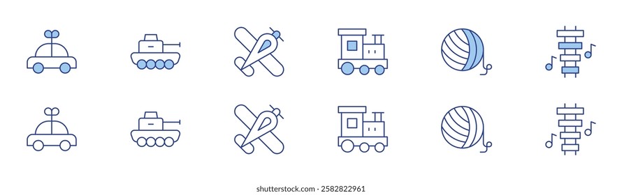 Toys icon set in two styles, Duotone and Thin Line style. Editable stroke. car, train, tank, plane, yarn ball, xylophone.