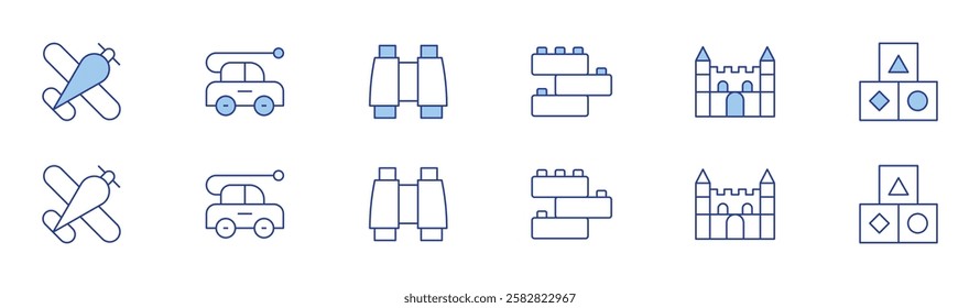 Toys icon set in two styles, Duotone and Thin Line style. Editable stroke. brick, castle, plane, car, cubes, binoculars.