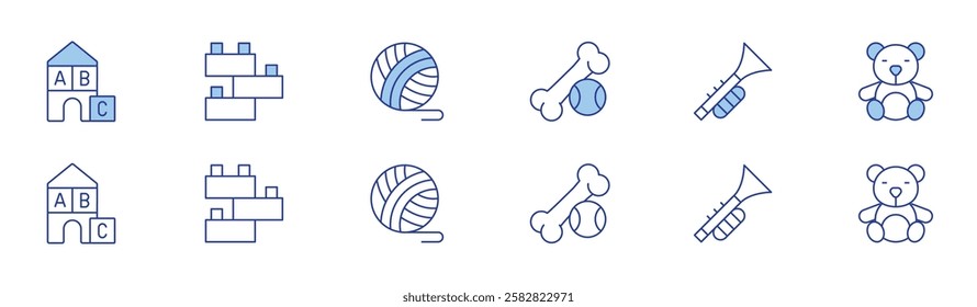 Toys icon set in two styles, Duotone and Thin Line style. Editable stroke. bone, trumpet, blocks, toy blocks, teddy bear, wool ball.