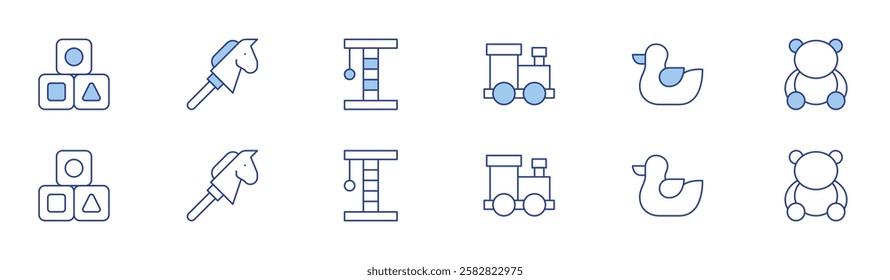 Toys icon set in two styles, Duotone and Thin Line style. Editable stroke. blocks, horse, toy train, duck, bear, scratching post.