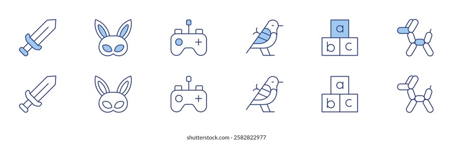 Toys icon set in two styles, Duotone and Thin Line style. Editable stroke. bird, abc, sword, mask, balloon dog, remote control.