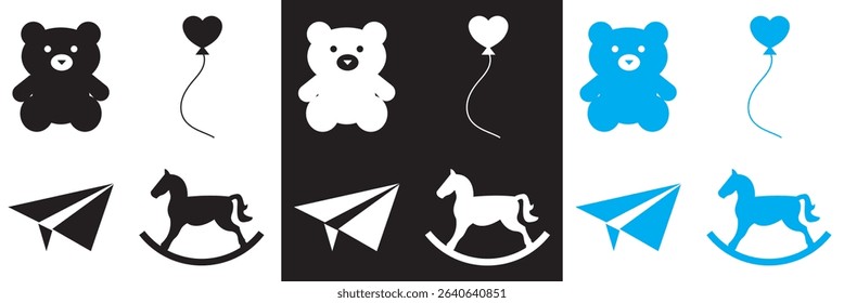 Toys Icon .  Teddy bear, balloons, rocking horse, rocket icons. Vector for websites, mobile interfaces, presentations, banner, visual branding etc. Vector illustration. EPS 10