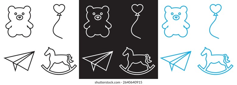 Toys Icon .  Teddy bear, balloons, rocking horse, rocket icons. Vector for websites, mobile interfaces, presentations, banner, visual branding etc. Vector illustration. EPS 10