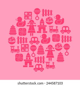 toys icons arranged in circle shape on pink background