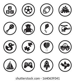 Toys Icons. Black Flat Design In Circle. Vector Illustration.
