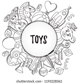Toys icons black and white round frame template