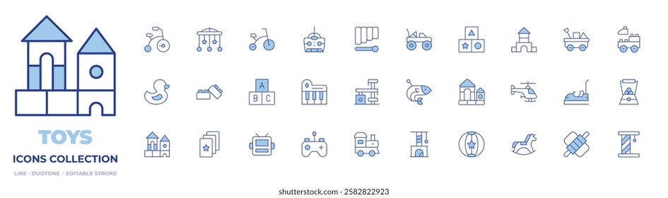 Toys icons collection. Line Duotone style, editable stroke. robot mask, cards, piano, block, bricks, toy train, rubber duck, scratcher, fish, scratching post, remote control.